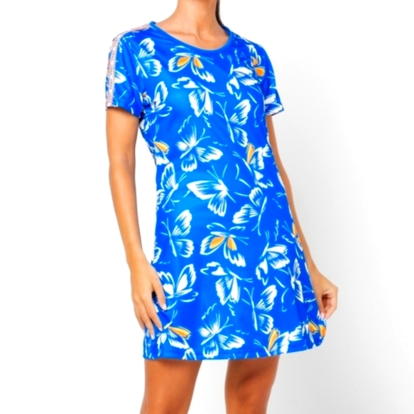 adidas Farm Rio Butterfly Print Mini Dress Blue Short Sleeves, Women's Small - Picture 1 of 8